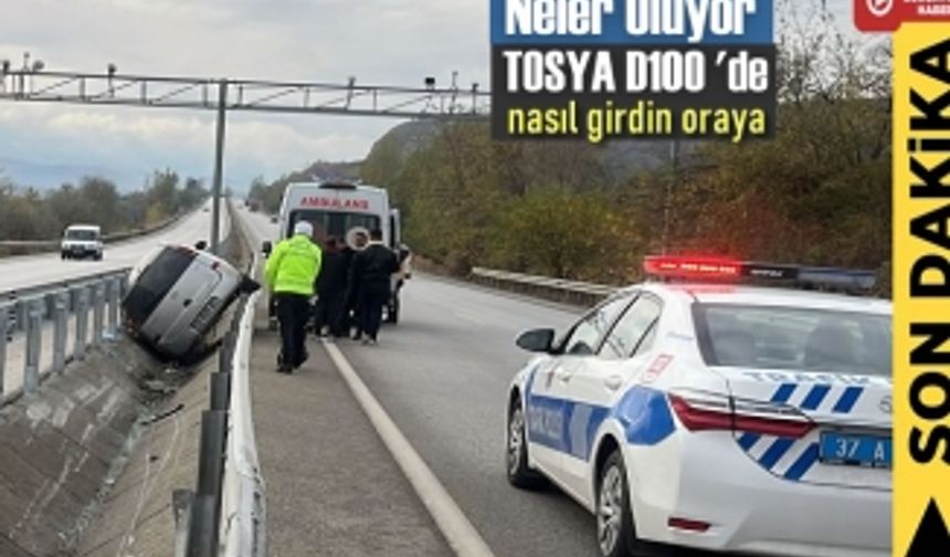 Tosya D100 karayolu Trafik Kazasında otomobil orta refüje girdi